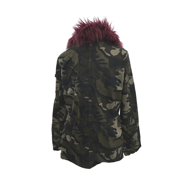 Ashley Blue Womens Camo Military Anorak Jacket Burgundy Faux Fur Collar Medium - Picture 6 of 10